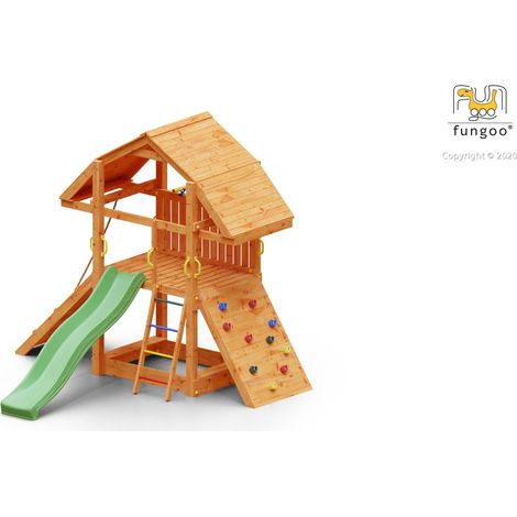 FUNGOO BUFFALO ultra robuste et imposante, bac à sable, rampe d'accés avec corde, mur d'escalade, toboggan vert & accessoires de jeux - Kit sécurité ancrage (1/8)