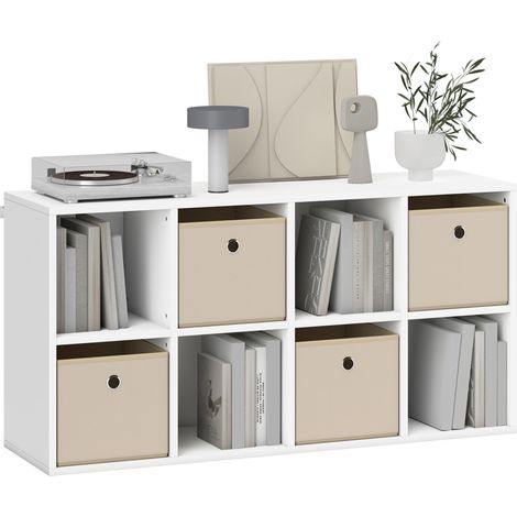 Estantería de 8 Cubos con 4 Cajones de Tela Horizontal o Vertical para Salón Dormitorio 105,9x30x53,7 cm Blanco y Beige (1/5)