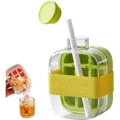 2-in-1 Eisflasche – Eiswürfelbehälter und Wasserflasche mit Deckel und Reservoir – Einfaches Öffnen durch Drücken – Ideal für Getränke, Kaffee und Saft (500 ml – Grün) (1/5)