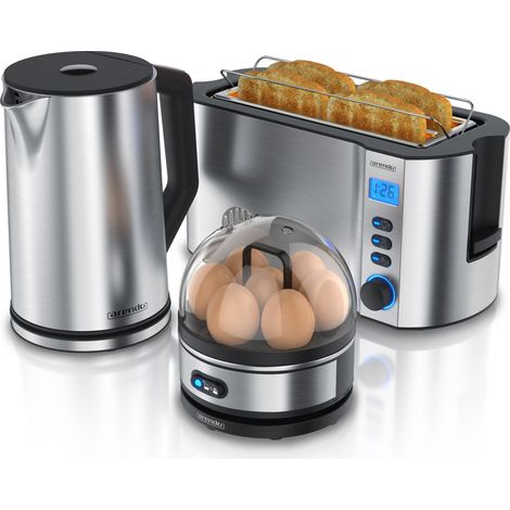 Arendo Frühstücksset, Wasserkocher 1,5l, 4-Scheiben Langschlitztoaster, 7er Eierkocher SEVENCOOK, Silber (1/5)