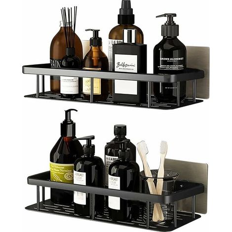 No Drilling Aluminum Shower Caddy, Rust Resistant Bathroom Storage, Self Adhesive Bathroom Shelf-Black 2pcs (1/5)
