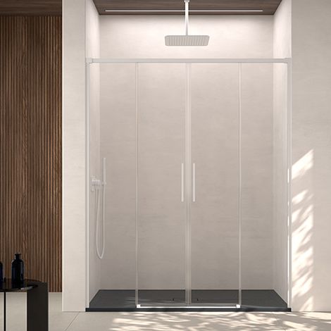 Mampara de ducha frontal  2 Fijos y 2 Puertas Corredera 140x195 cm Blanco Cristal templado Antical transparente 6mm (1/5)