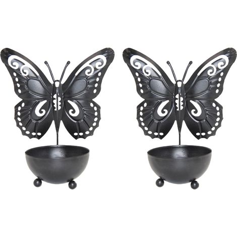 Lot de 2 chandeliers en métal, motif papillon, élégants, en fer forgé. Porte-bougies pour la décoration intérieure, faits main, noirs. (1/5)