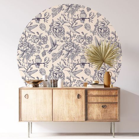 Sticker mural rond / cercle - Fleurs Oiseaux - Diamètre 30 cm - Adhésif MAT (1/3)