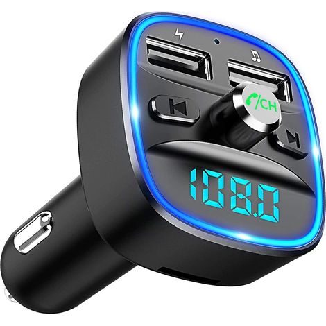 Transmetteur FM Bluetooth, Kit Bluetooth Voiture sans Fil Adaptateur Émetteur Radio avec Appel Mains Libres Dual USB Ports 5V/2.4A & 1A, Support Carte SD, Clé USB (Lampe d’Anneau Bleue) (1/5)