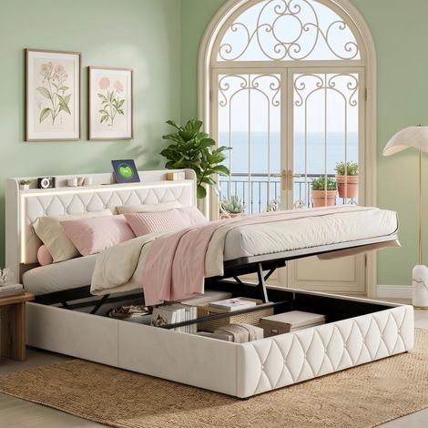 Lit Coffre 140x190 cm Velours Beige, Tête de Lit Capitonnée avec LED et USB, Sommier à Lattes, Style Chic Moderne