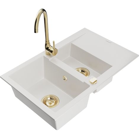 Mexen Gaspar évier en granit 1,5 bac avec égouttoir et robinet de cuisine Telma, blanc - 6507-20-670200-50 (1/5)