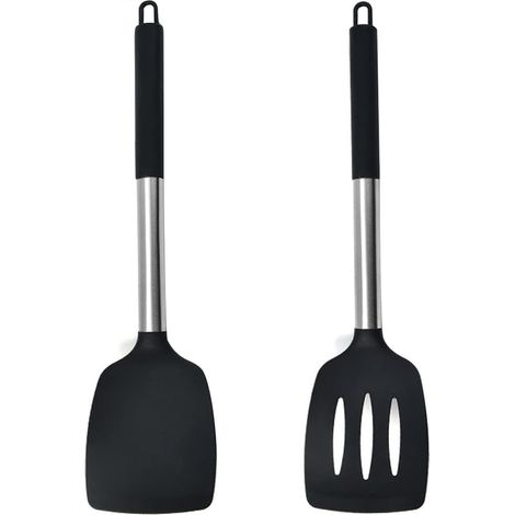 Set mit 2 kleinen, hitzebeständigen Silikonspateln für Fisch, Eier, Pfannkuchen und mehr (2er-Set, schwarz) (1/4)