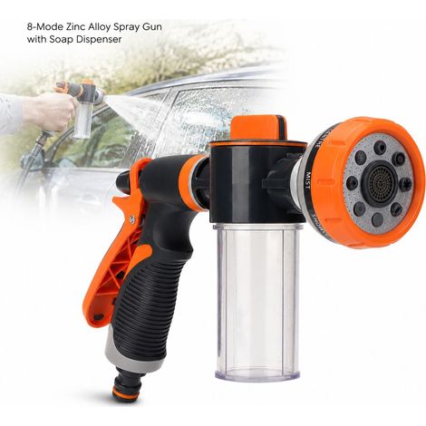 Pistola a spruzzo a 8 getti con dispenser di sapone, realizzata in lega di zinco, impermeabile, ideale per il lavaggio di giardino e auto. (1/5)