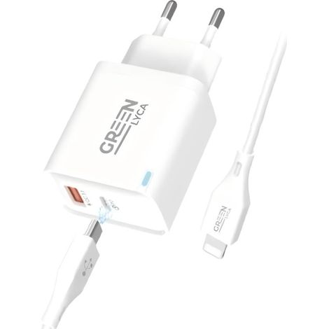 Carregador Rápido PD 30W - Portas USB-C+USB-A, QC3.0, Cabo C-L e Luz Indicadora, Branco (1/2)