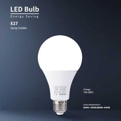 Bombillas LED de 18 W, base E27, luz blanca de 6000-6500 K, alto brillo, para dormitorio y sala de estar, 130-265 V
