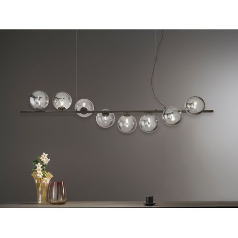 Große Pendelleuchte HONEY 8-flammig Schwarz-Glaskugeln Rauchglas, Breite 145cm