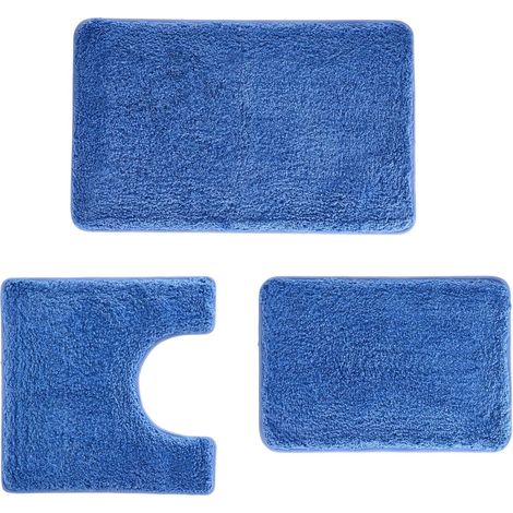 Ensemble de 3 tapis de bain - doux et absorbant - en microfibre - tapis de toilette en forme de U - semelle antidérapante en caoutchouc - tapis de sol épais - exclusivement pour la salle de bain - Ble (1/4)