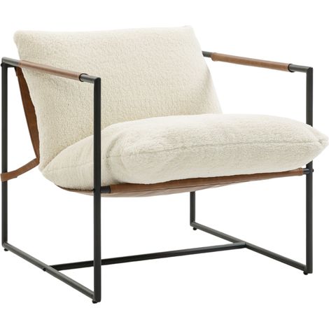 Fauteuil salon en tissu bouclette crème, assise large rembourrée, structure acier 77x91x80 cm (1/5)
