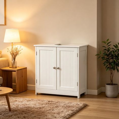 Meuble vasque de salle de bain blanc, solution de rangement moderne avec découpe en forme de U et étagère intérieure réglable (1/5)
