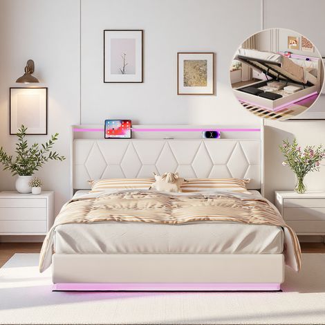 Lit coffre 160x200 cm avec rangement, Tete de lit avec Lumière LED et Port USB, Lit double XL avec sommier à lattes en bois, lit pour adultes 2 places, design scandinave, velours, blanc (1/5)