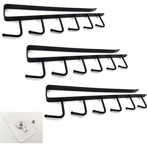 Lot de 3 Armoire Insert Porte Tasses,Crochets de Rangement pour Tasses Verre à vin Cuisine Crochet de Suspension, Organiseur de Stockage Support de Séchage sans Perçage - Noir (1/5)