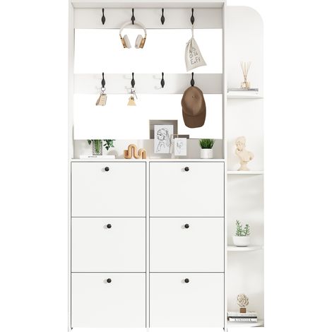 Garde-robe d’entrée 3-en-1 avec 8 crochets, 6 abattants, 5 étagères et 4 niches latérales, meuble compact 120 x 24 x 200 cm blanc pour couloir CHICFURN (1/5)