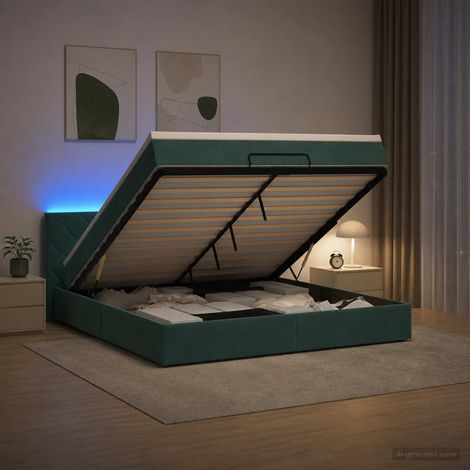 Cama tipo otomana con colchón y LED Verde oscuro 140 x 190 cm (1/5)