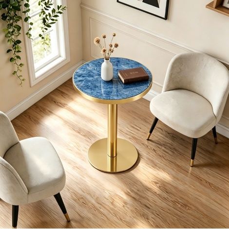 Runder Beistelltisch modern, blauer Marmoreffekt, Goldrand, schwarzes Metallgestell (1/5)