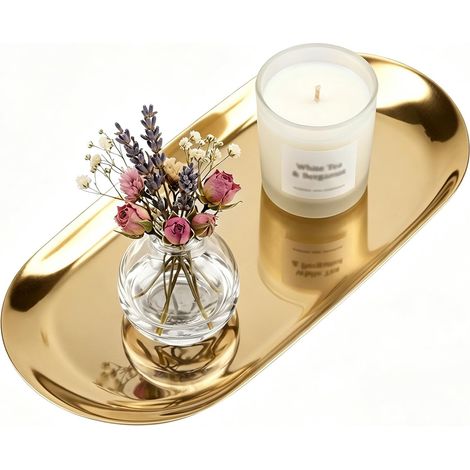 Plateau Décoratif en Acier Inoxydable 18cm, Style Nordique, Ovale, Assiette à Gâteau, Miroir, Cosmétiques, Bijoux, Présentoir pour Cuisine, Salle De Bain, Salon (Or) (1/5)