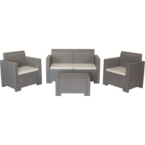 Bica – Salon de jardin en polypropylène effet rattan – Ensemble 2 fauteuils et 1 canapé 2 places – Table rectangulaire avec coussins inclus