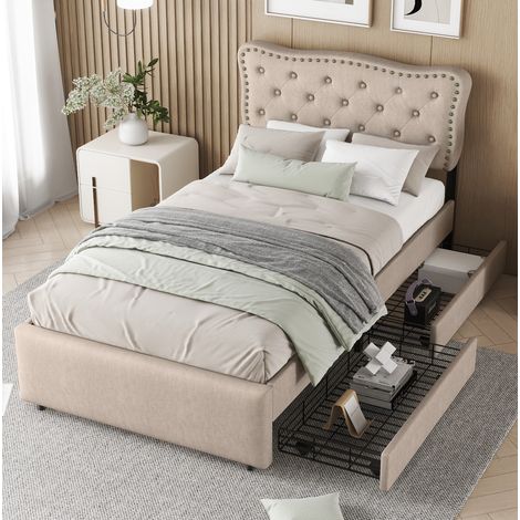 Letto imbottito MDF e lino beige marrone 90x200 cm con 2 cassetti e testiera regolabile (1/5)