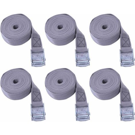Sangle a cliquet Lot de 6, Sangle Bagage polypropylène, Sangles d'arrimage, Utilisé pour Voiture, Moto, Kayak, reglable, Frottement résistant à l'usure, Pas Facile à corroder (Gris, 25mmX2m)
