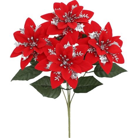 Poinsettia - Fleur Artificielle En Velours Rouge - Pour Décoration De Noël Intérieure Et Extérieure - Arbre De Noël Porte Jardin Table - 1 Pièce (1/5)