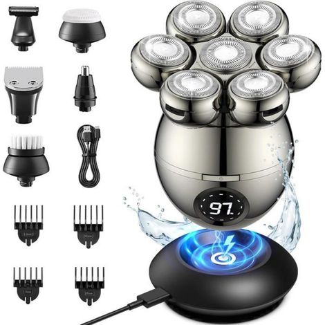 Rasoir de tête pour hommes chauves : rasoir électrique 6 en 1 amélioré, étanche IPX7, avec chargeur USB-C (1/5)