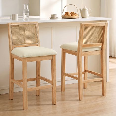Lot de 2 Tabourets de Bar, Chaises de Bar avec Dossier Effet Rotin, Assise Rembourrée en Chenille de 66H cm, Crème (1/5)