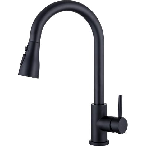 Matte black kitchen faucet, 360° swivel, three spray functions, kitchen faucet with pull-out spray head, hot and cold water mixer (1/5)