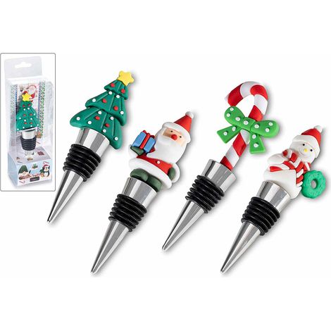 Tappi per bottiglia in metallo con decorazione natalizia in silicone e confezione regalo, set da 4 pezzi, cm 4,5x2x6 H (con tappo12)