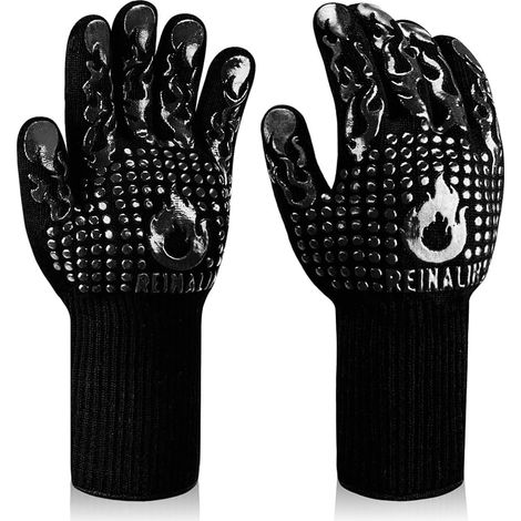 Gants de Barbecue, Gants de Four Résistant à la Chaleur jusqu'à 500°C Gants de Gril de Cuisson en Silicone Antidérapants (L/XL/XXL, Noir-F1) (1/5)