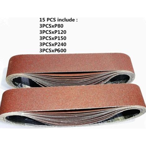 Schleifband, 50 x 686 mm, Schleifbänder Mix (3x Körnungen 80/120/150/240/400) für Bandschleifer (15 Stück) (1/5)