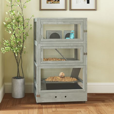 Gabbia per criceti in legno a 4 livelli con casette, altalena, ciotole per il cibo, rampe e ruote, 65 x 45 x 109 cm, grigia
