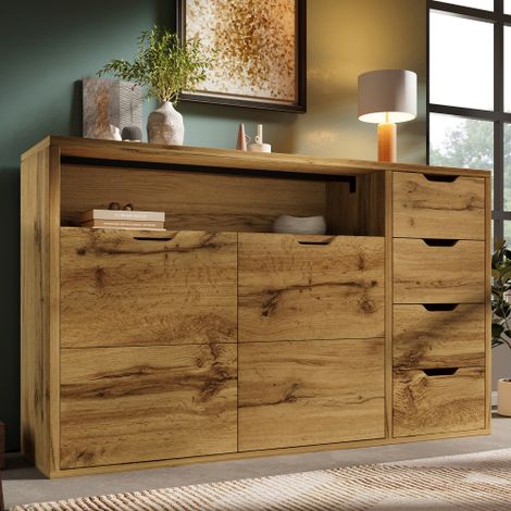 Modernluxe – Buffet chêne 150x40x90cm – 2 portes, 4 tiroirs, compartiments ouverts – Structure robuste en métal noir – Finition haut de gamme (1/5)