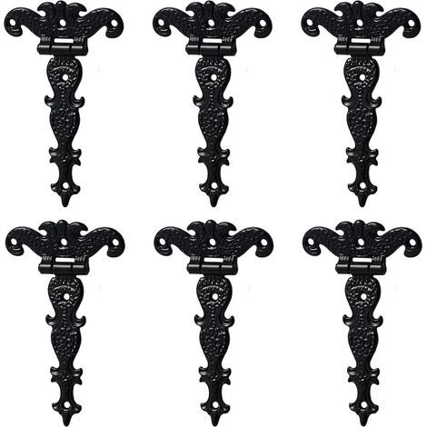 Cerniere antiche in lega di zinco - Cerniere decorative retrò intagliate - Cerniere a T per porte, armadi, portagioie - nere, 6 pezzi (1/5)