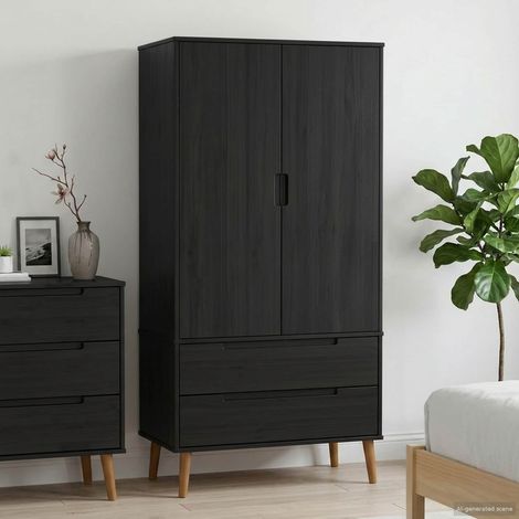 Armoire penderie en pin massif noir avec 2 tiroirs 90 x 55 x 175 cm - PANGIVO (1/5)