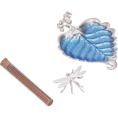 Räucherstäbchenhalter mit Bodhi-Blatt-Motiv, verziert mit einem Teller für Wohnzimmerdekoration, Geschenkidee, Bodhi-Blatt Silber 037 (1/5)
