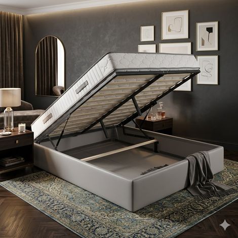 Ensemble Lit Coffre et Matelas 120x190 cm - Couleur : Gris - Sommier Relevable avec Grand Coffre de Rangement et Vérins Hydrauliques - Matelas Soutien Très Ferme Haute Densité - Lit Coffre Déhoussable (1/5)