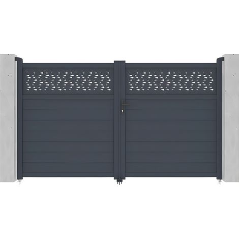 Vente-Unique – Portail battant aluminium semi plein anthracite L305 x H180 cm – Mécanisme manuel – Résistance au vent jusqu’à 72 km/h (1/4)