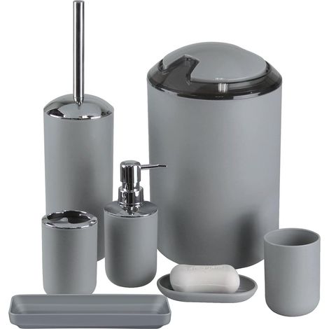 6-teiliges Badezimmer-Accessoire-Set mit Abfalleimer, Seifenspender und Seifenschale, grau (1/5)