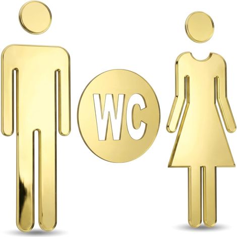Plaque WC Dorée Lot de 2 - Signalétique Toilettes Design 12cm pour Porte - Panneau de Toilette Homme et Femme Imperméable Adhésif pour Hôtel, Bureau, Restaurant et Maison (Style A et D) (1/5)