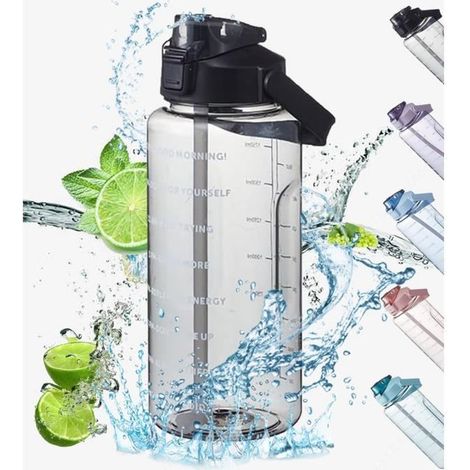 Botella de agua TuseRxln de 2 litros, botella de agua motivacional de 2 litros, botella de agua graduada con asa, botella de agua a prueba de fugas para senderismo, viajes, deportes y fitness (negra)