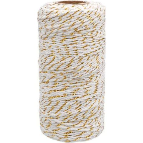 Ficelle de Coton Noël, Baker's Twine Corde Blanc avec fil doré, 2mm100M, pour l'emballage cadeau, Décoration, Loisirs Créatifs, Ensoleillé
