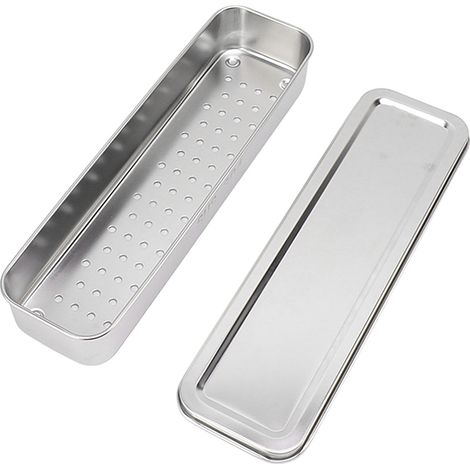 Boîte à couverts en acier inoxydable, avec couvercle et égouttoir, couleur naturelle, comprenant baguettes, cuillères et fourchettes. (1/5)