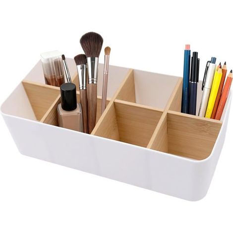Organiseur de bureau en bambou blanc 27 x 12,8 x 7,7 cm pour ranger stylos, télécommandes, produits cosmétiques (1/5)