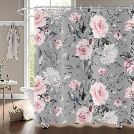 Rideau de douche fleuri 180x200, rose et gris, élégant, style vintage, aquarelle de roses, imperméable, en polyester lavable. (1/5)