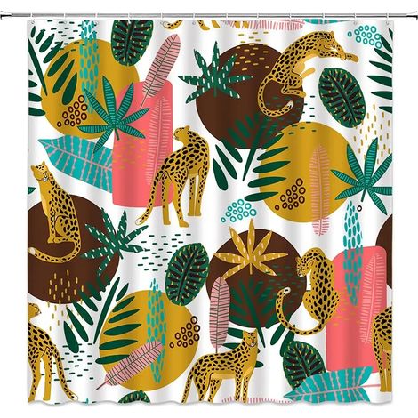 Rideau de douche bohème à motif guépard, rideau de bain léopard tropical, rideau de salle de bain rose moderne à fleurs bleues et phases de lune, 200 x 180 cm - 78 x 70 pouces